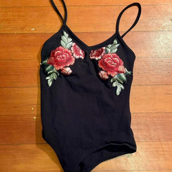 Women's Vintage Black and Floral Bodysuit - Picture 1 of 4